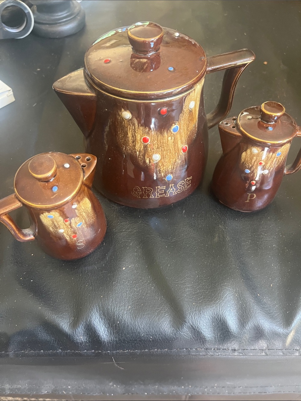 Tilso Brown Ceramic Condiment Set with Multicolor Dot Accents - Grease canister